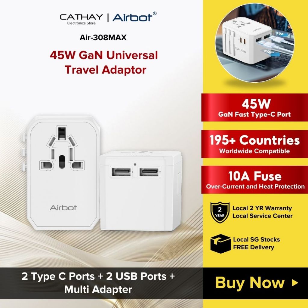Airbot Cathay Universal Travel Adaptor Air-308MAX 45W International Worldwide Multi Adapter with USB + Type-C PD Charger