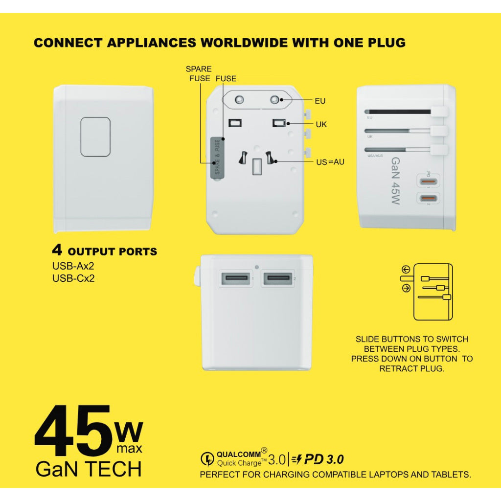 Airbot Cathay Universal Travel Adaptor Air-308MAX 45W International Worldwide Multi Adapter with USB + Type-C PD Charger