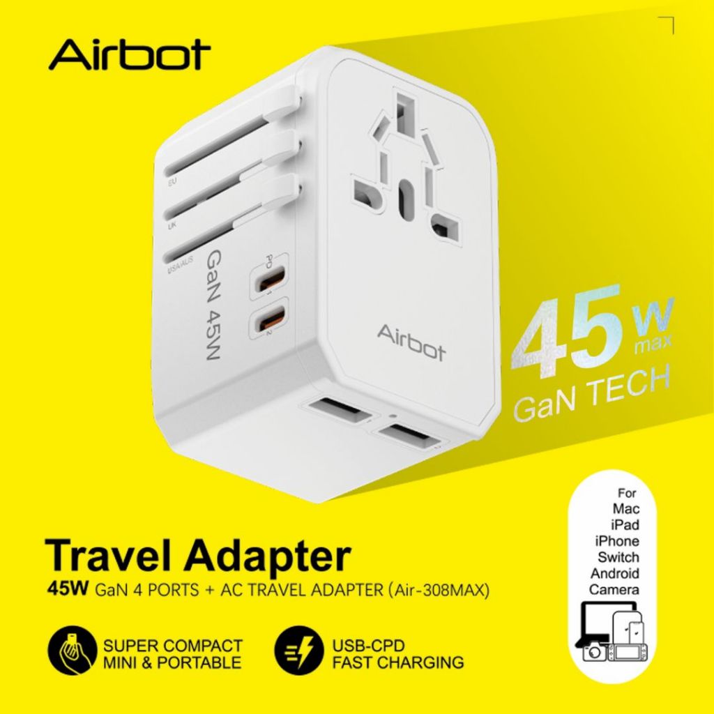 Airbot Air-308MAX Universal Travel Plug Adapter 45W International Worldwide Multi Adapter with USB + Type-C PD