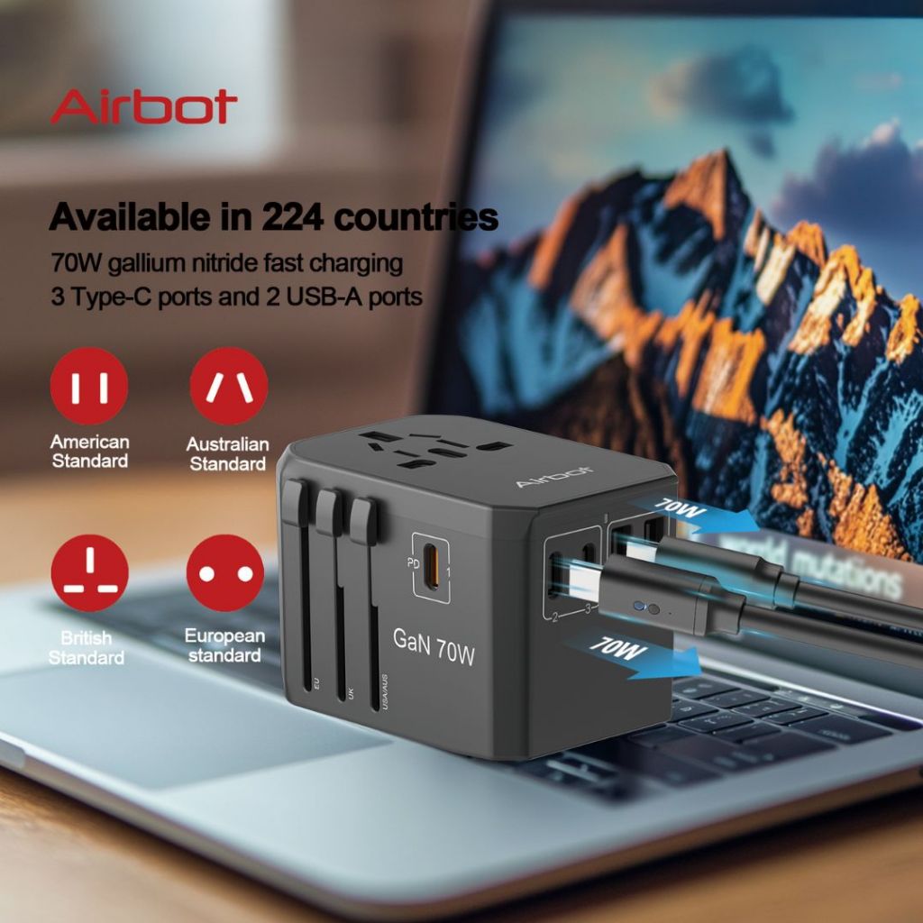 Airbot Air-305MAX Universal Travel Adapter 70W International Worldwide Multi Adapter with USB + Type-C PD