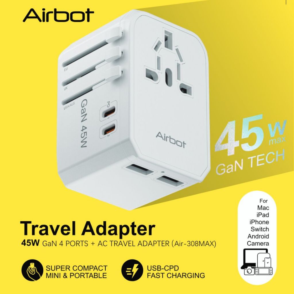 Airbot Air-308MAX Universal Travel Plug Adapter 45W International Worldwide Multi Adapter with USB + Type-C PD