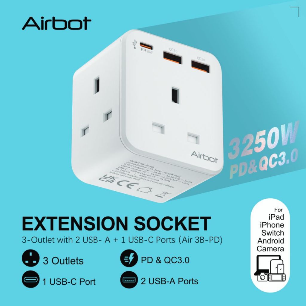 Airbot Air 3B-PD Extension Socket 3250W 3 Outlets Socket Multi Power Adaptor with USB + Type-C PD