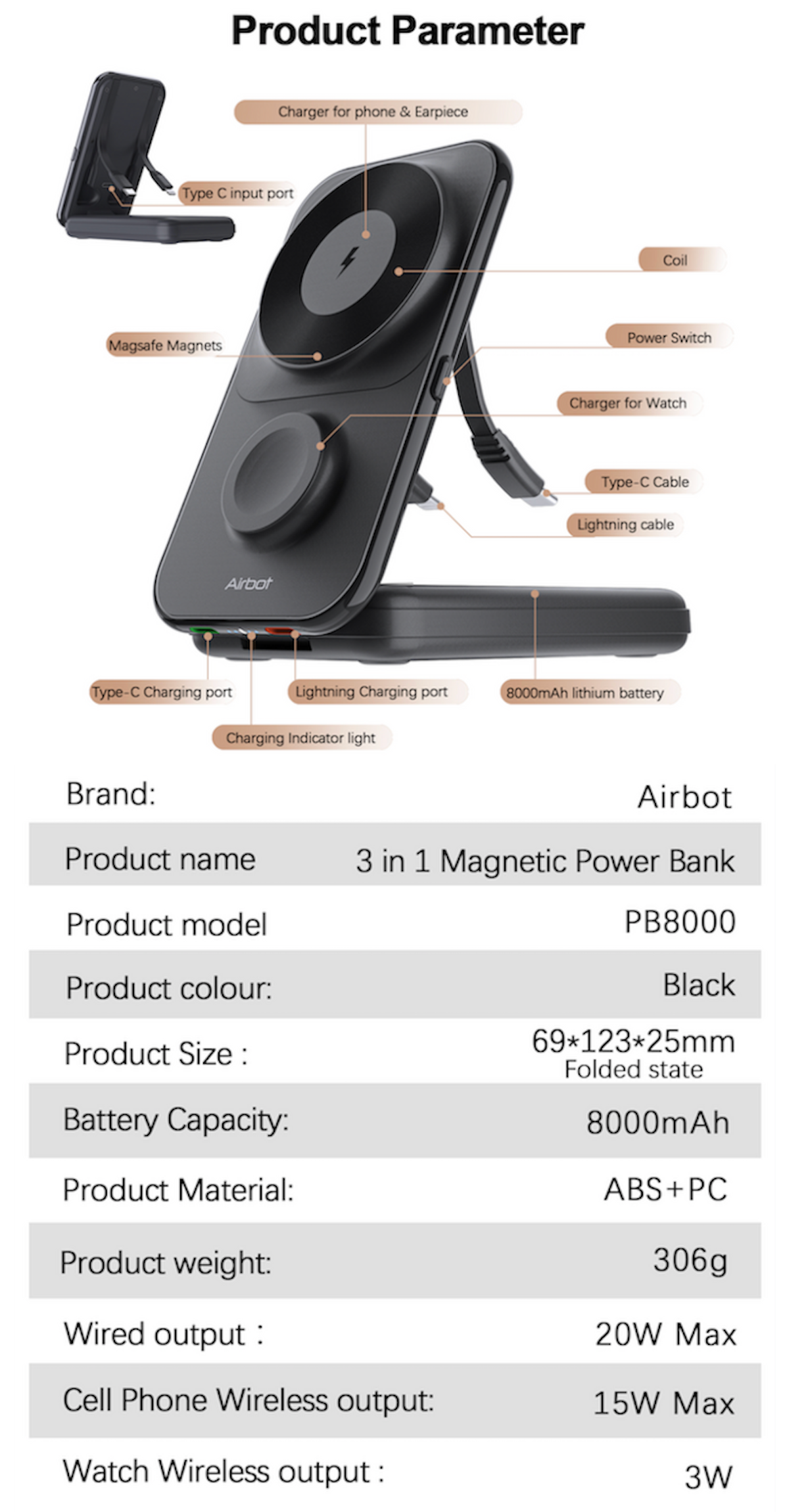 Airbot Power Bank 8000mAh with Magnetic Wireless Fast Charging