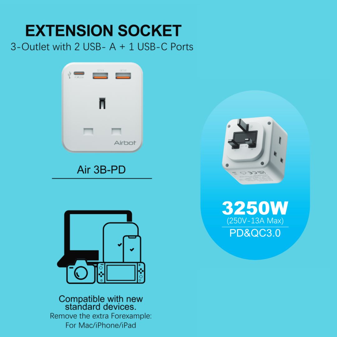 Airbot Air 3B-PD Extension Socket 3250W 3 Outlets Socket Multi Power Adaptor with USB + Type-C PD