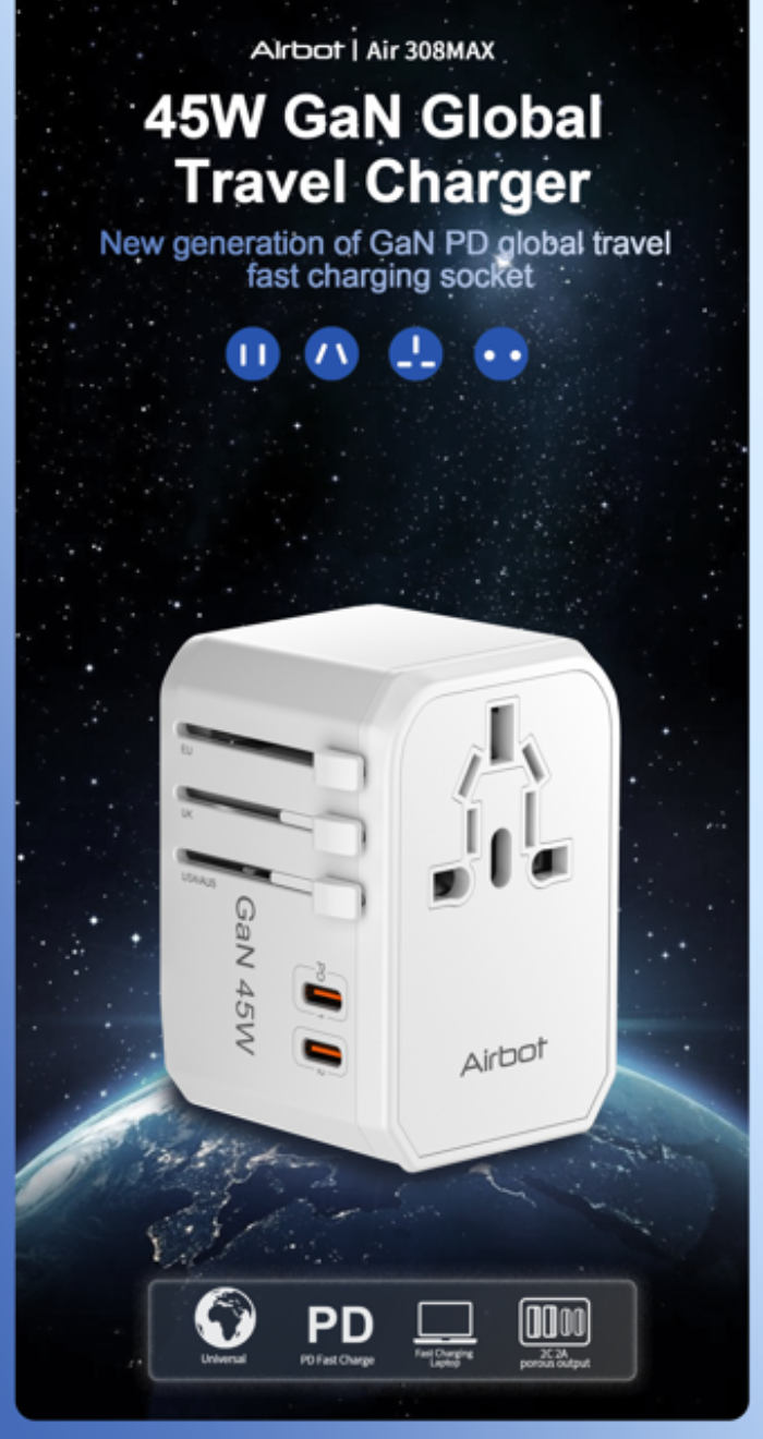 Airbot Air-308MAX Universal Travel Plug Adapter 45W International Worldwide Multi Adapter with USB + Type-C PD