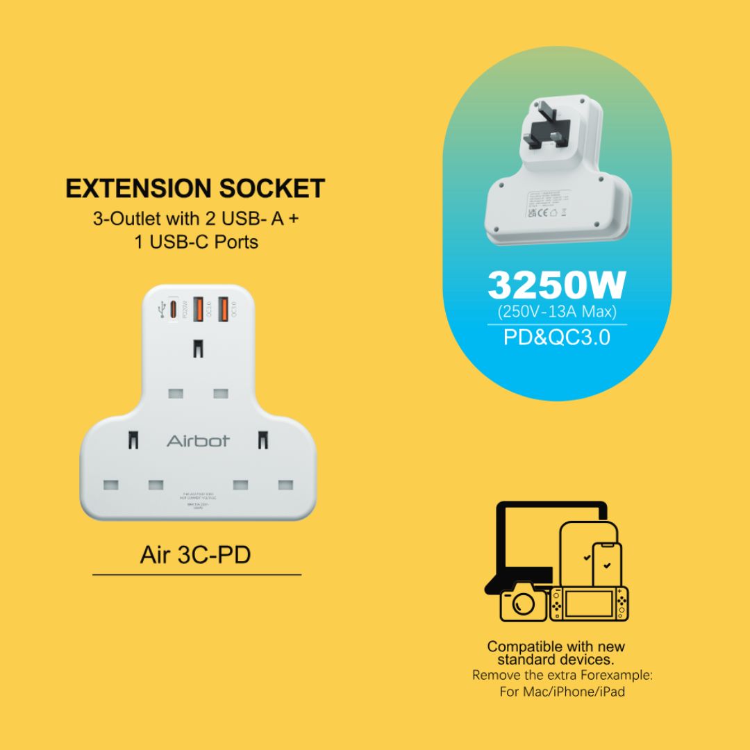 Airbot Air 3C-PD Multi Extension Socket 3250W 3 Way Socket Multi Power Adaptor with USB + Type-C PD